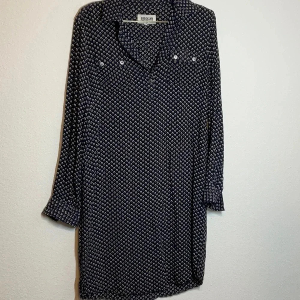 Brooklyn Industries V Neck Tunic Dress Navy Print SMALL - Picture 2 of 12